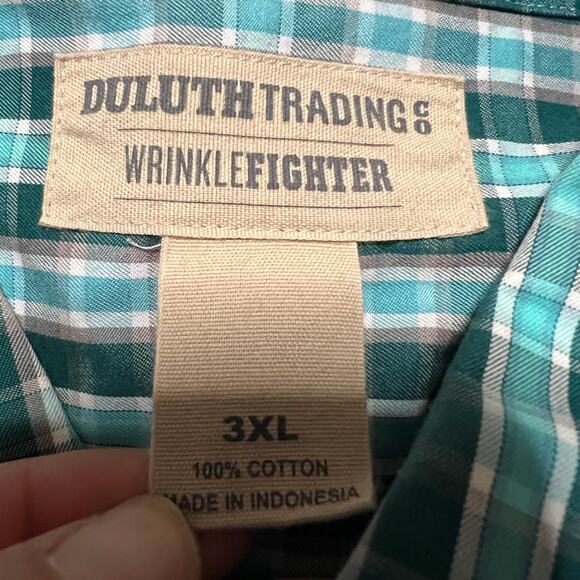 Duluth Trading WrinkleFighter Shirt Mens 3XL Plaid Green Blue Long Sleeve - Picture 6 of 7